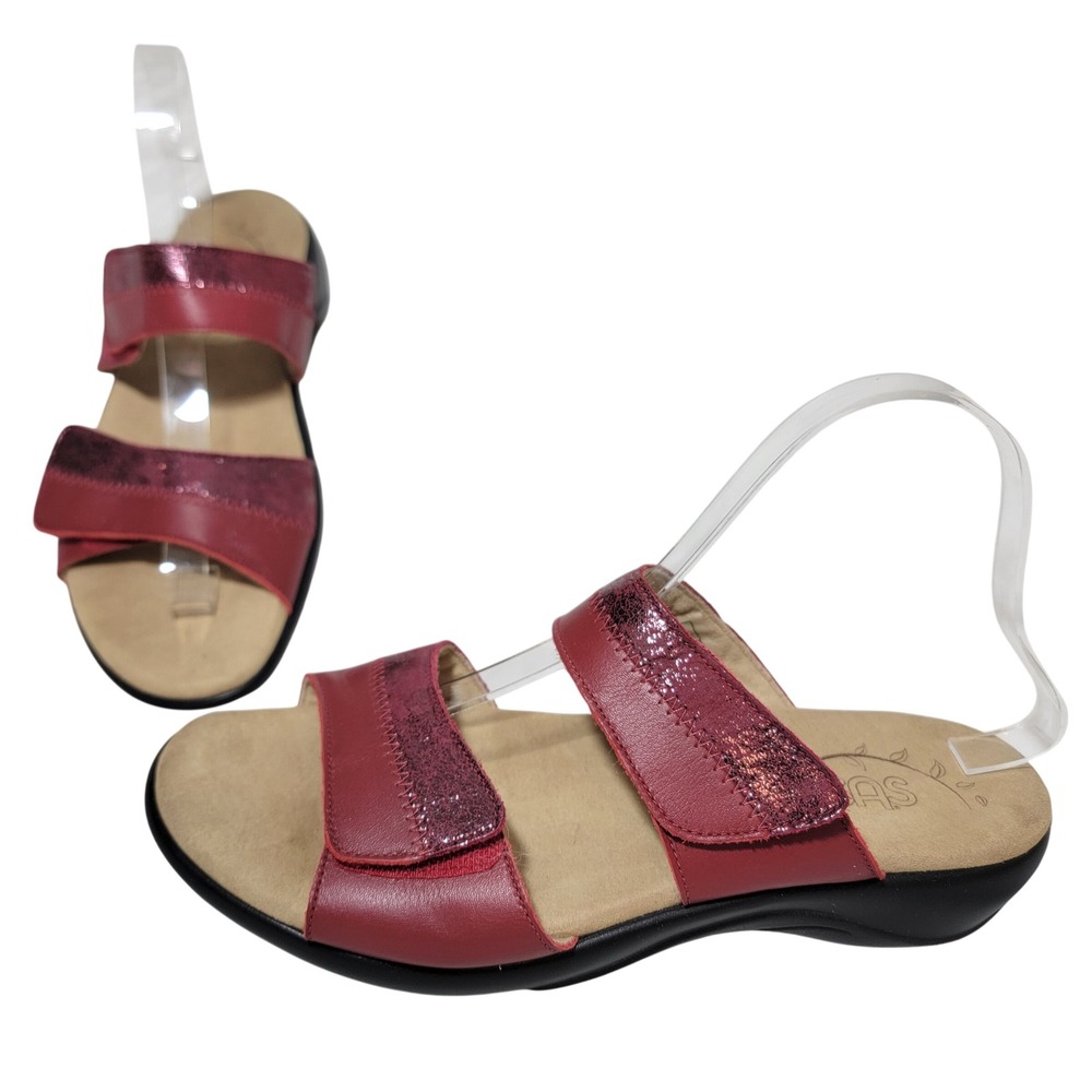 SAS Nudu Adjustable Slide Sandals Ruby/Cabernet Red Leather Double Strap 9 M USA